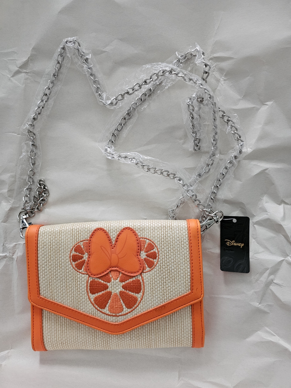 Disney Orange and Cream Minnie Citrus Crossbody Bag with Silver Chain